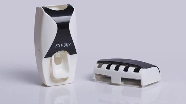 Automatic toothpaste squeezer and toothbrush holder set in durable plastic