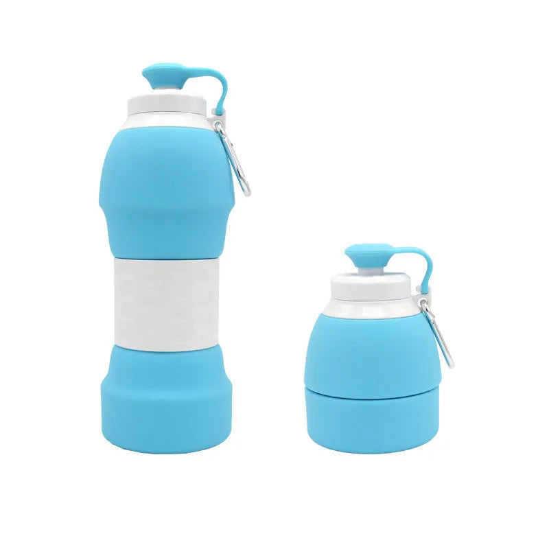 Blue silicone folding water bottle shown both extended and collapsed, next to a backpack.