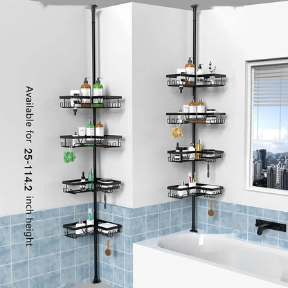 Stainless steel retractable bathroom storage rack with four shelves and hole-free installation