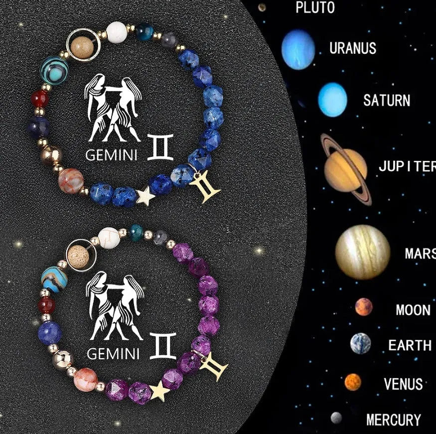 Twelve Zodiac Sign Beaded Bracelet Set with natural stone beads and adjustable cord on wrist
