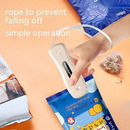 USB rechargeable mini sealing machine in black or milky white colour with compact portable design