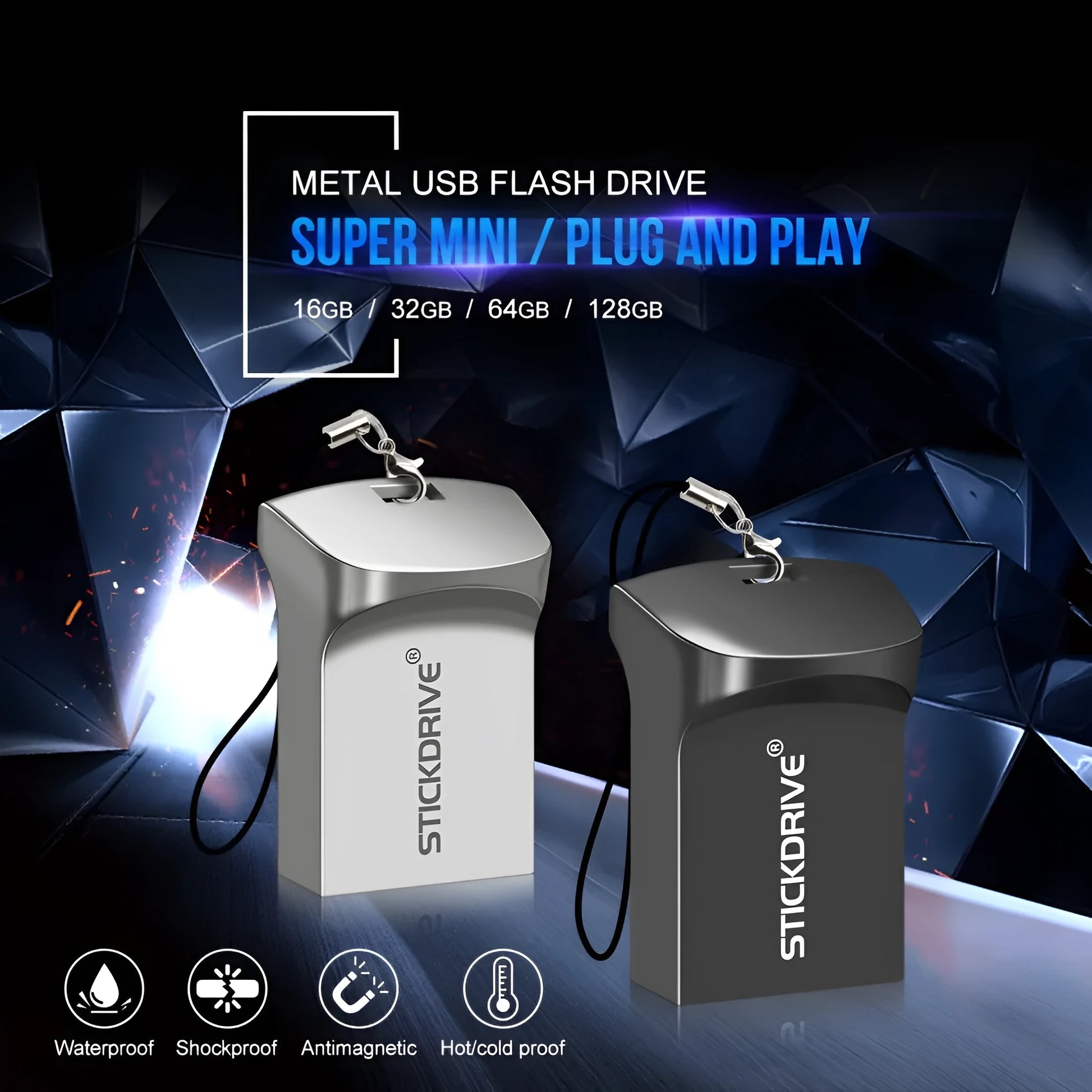 Silver metal USB flash drive with a carabiner keychain clip attached