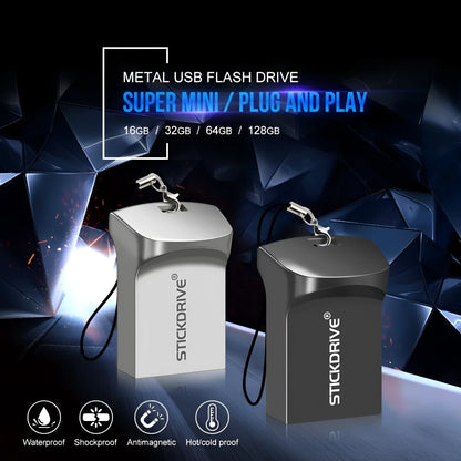 Silver metal USB flash drive with a carabiner keychain clip attached