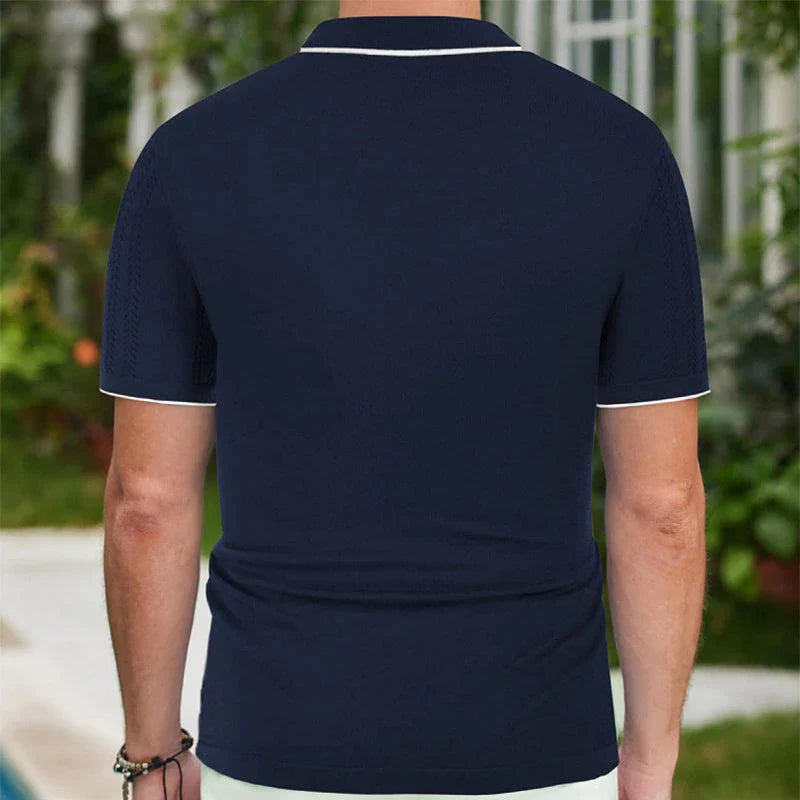 A stylish short-sleeve polo shirt made with premium Tencel fabric, featuring a unique flocked design and a variety of classic color options.