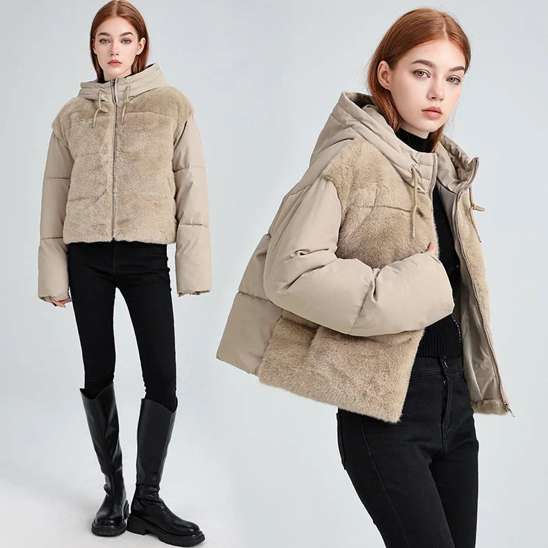 High-waisted feather down plush short jacket with 3D pattern in loose fit