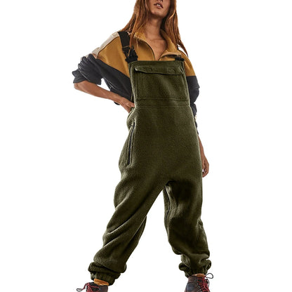 Premium polar fleece jumpsuit in various colors, featuring adjustable suspenders and a wide waistband for a customized fit.