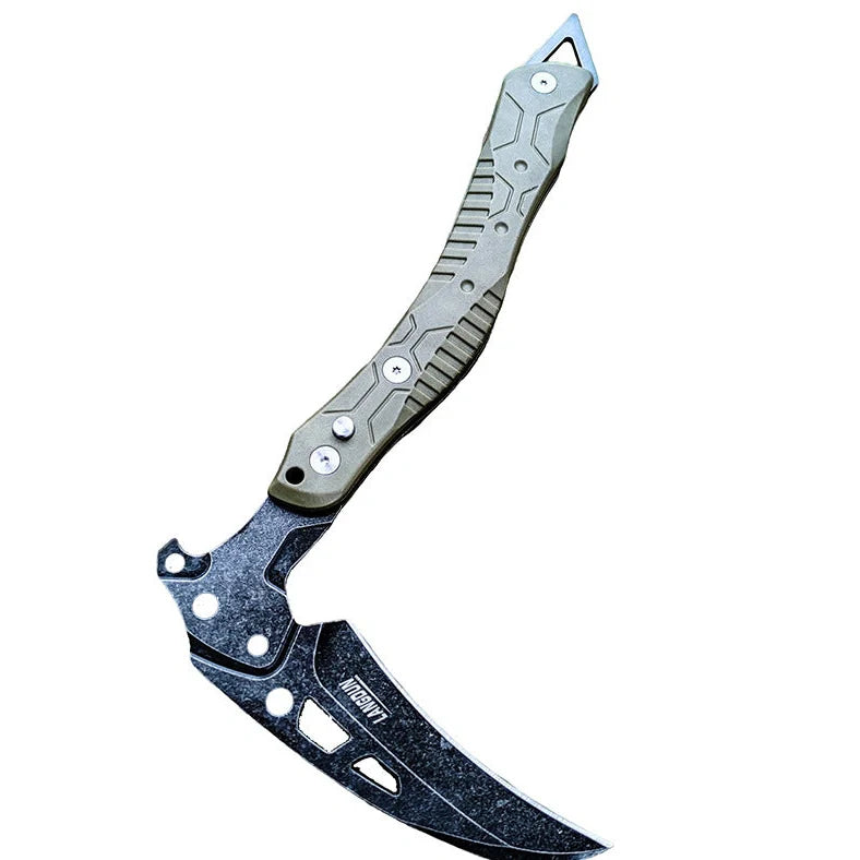 Folding outdoor axe with tool steel blade in army green, showing 35cm extended and 26cm folded positions with nylon sheath