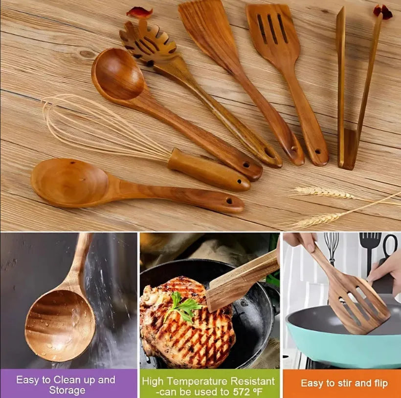 Set of seven light brown wooden cooking utensils including spoons, spatula, and turner on a kitchen counter.
