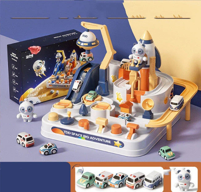 Space Adventure Puzzle Car Track toy with interlocking plastic pieces forming 33cm orbital circuit