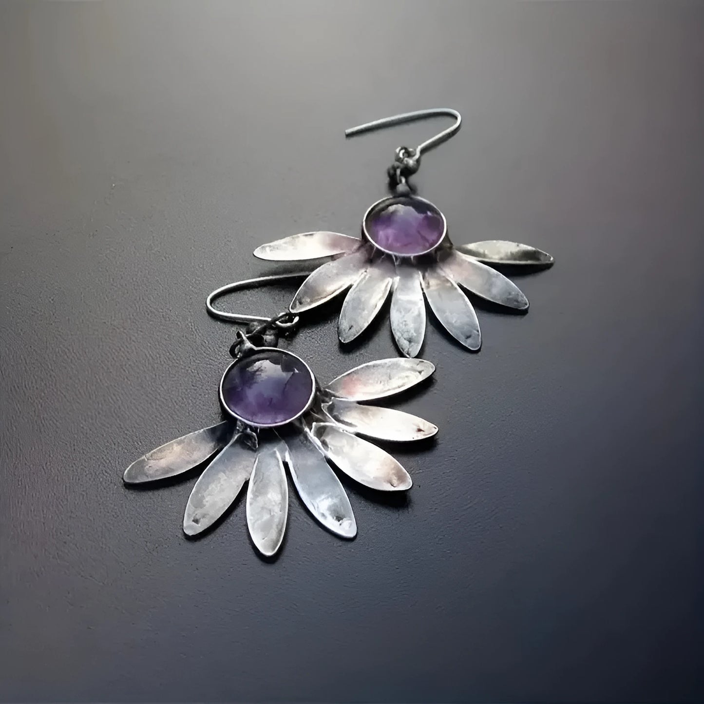 Purple resin bohemian floral earrings with animal zodiac design on alloy base