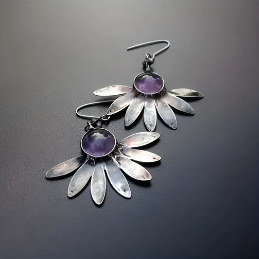 Purple resin bohemian floral earrings with animal zodiac design on alloy base