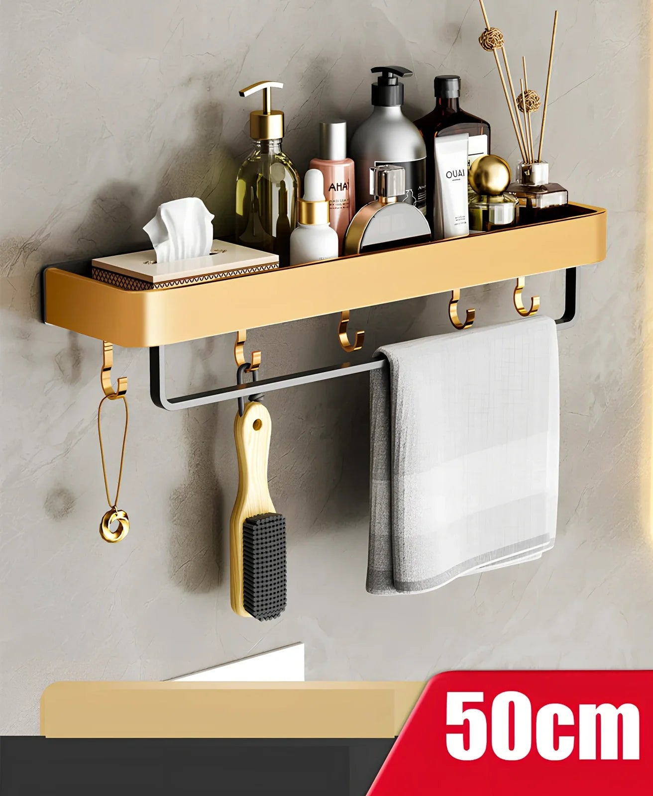 Modern space aluminum perforated towel storage rack, 40cm length with hook, wall-mounted for bathroom drying