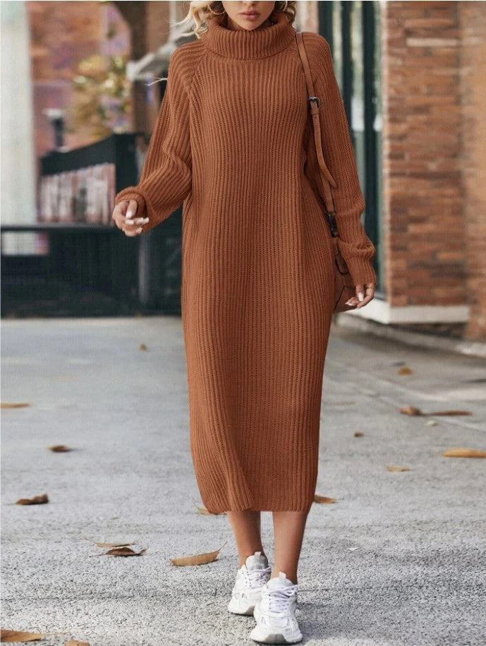 Cozy winter turtleneck knit dress for women in various colors
