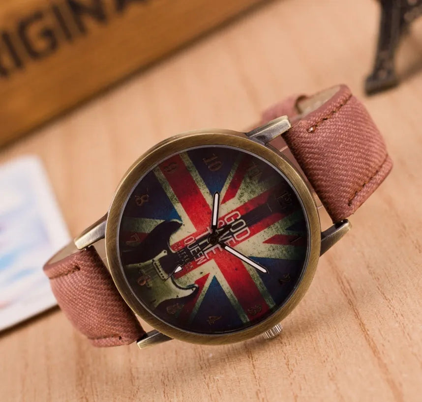 UK flag wrist watch with Union Jack dial, antique bronze finish, metal case and leather strap