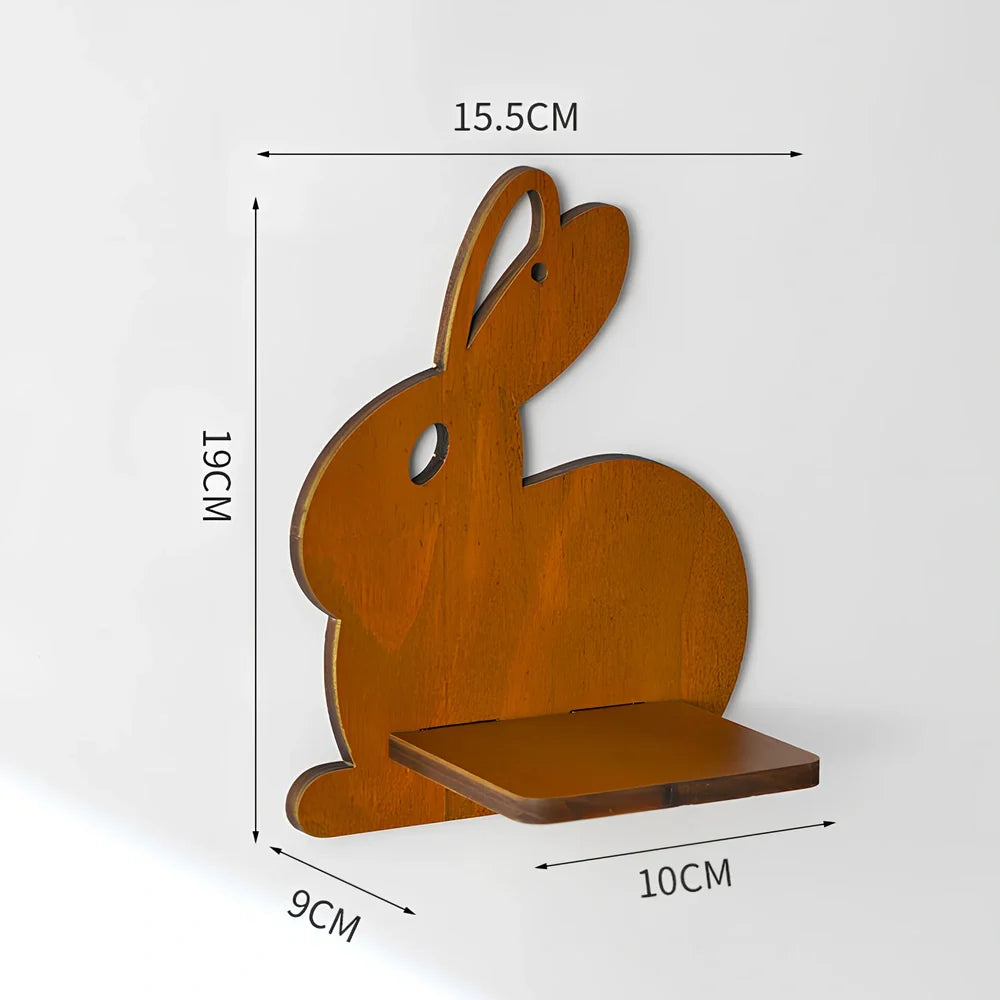 Solid wood wall shelving with irregular shape displaying plants in water bottle reservoirs with retro castle design