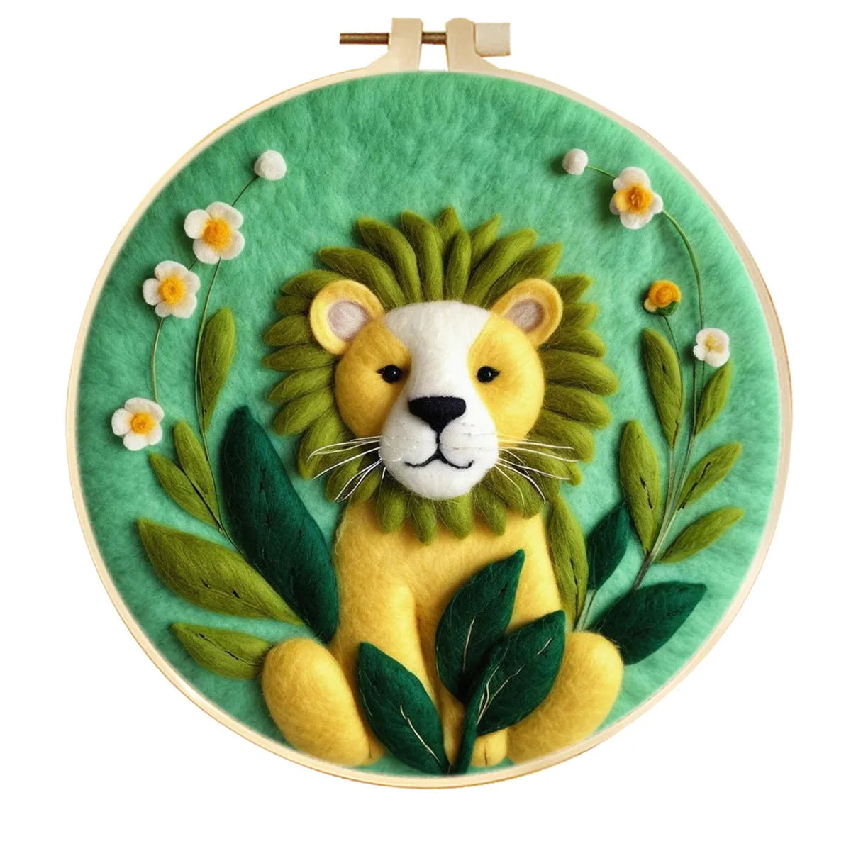 Round fabric embroidery kit with 20x20cm linen frame and wool felt for three-dimensional floral artwork