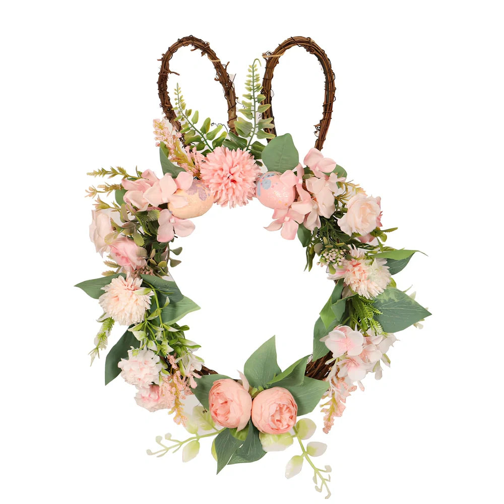 Easter chrysanthemum rabbit wreath measuring 35x45cm with silk flowers and plant teng base