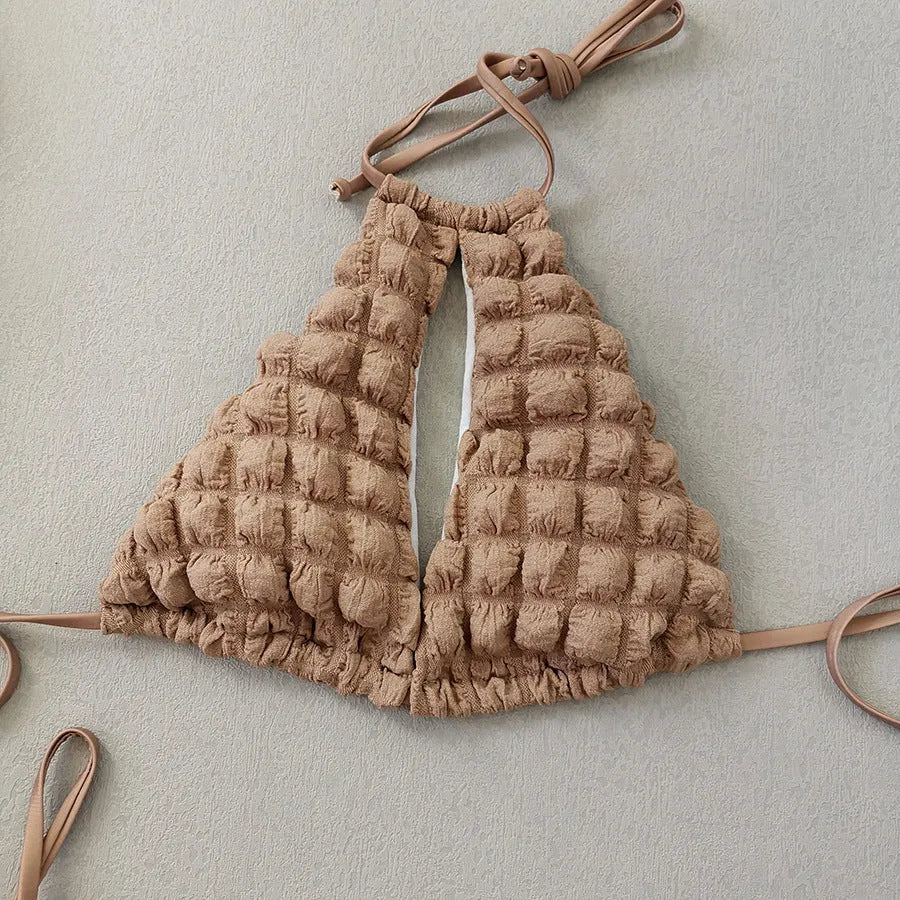 Brown seersucker lace-up three-piece women's swimsuit bikini set with skirt.