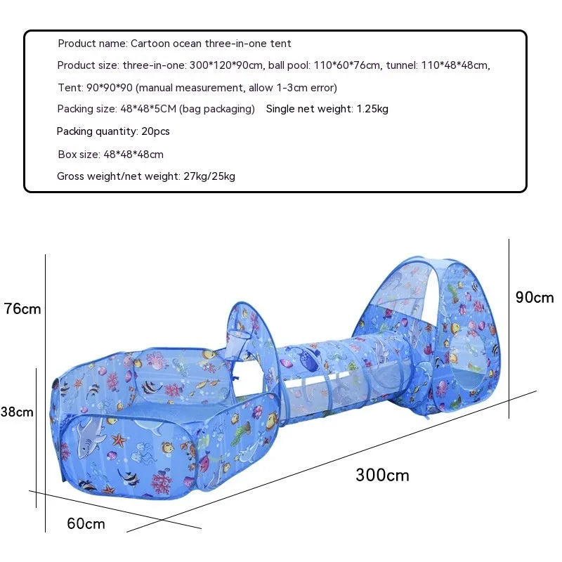 Underwater World children's three-in-one play tent with ball pool and tunnel in cartoon marine design