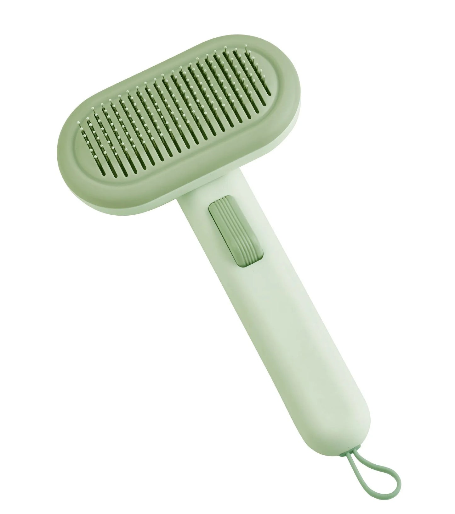 Large one-click pet hair removal and knot untying comb in light grey, showing stainless steel teeth.