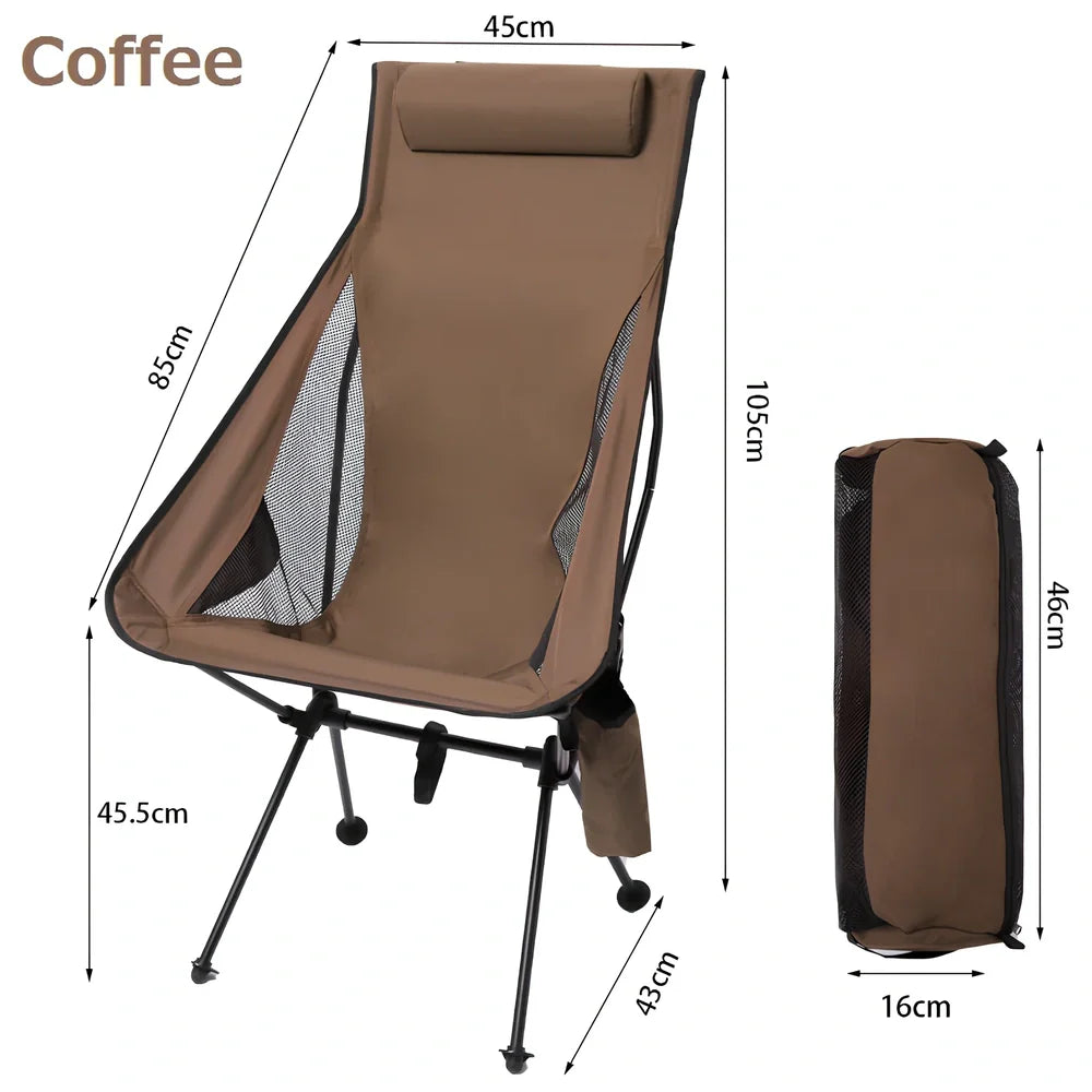 Army green outdoor folding chair with adjustable backrest and legs in reclined position on grass