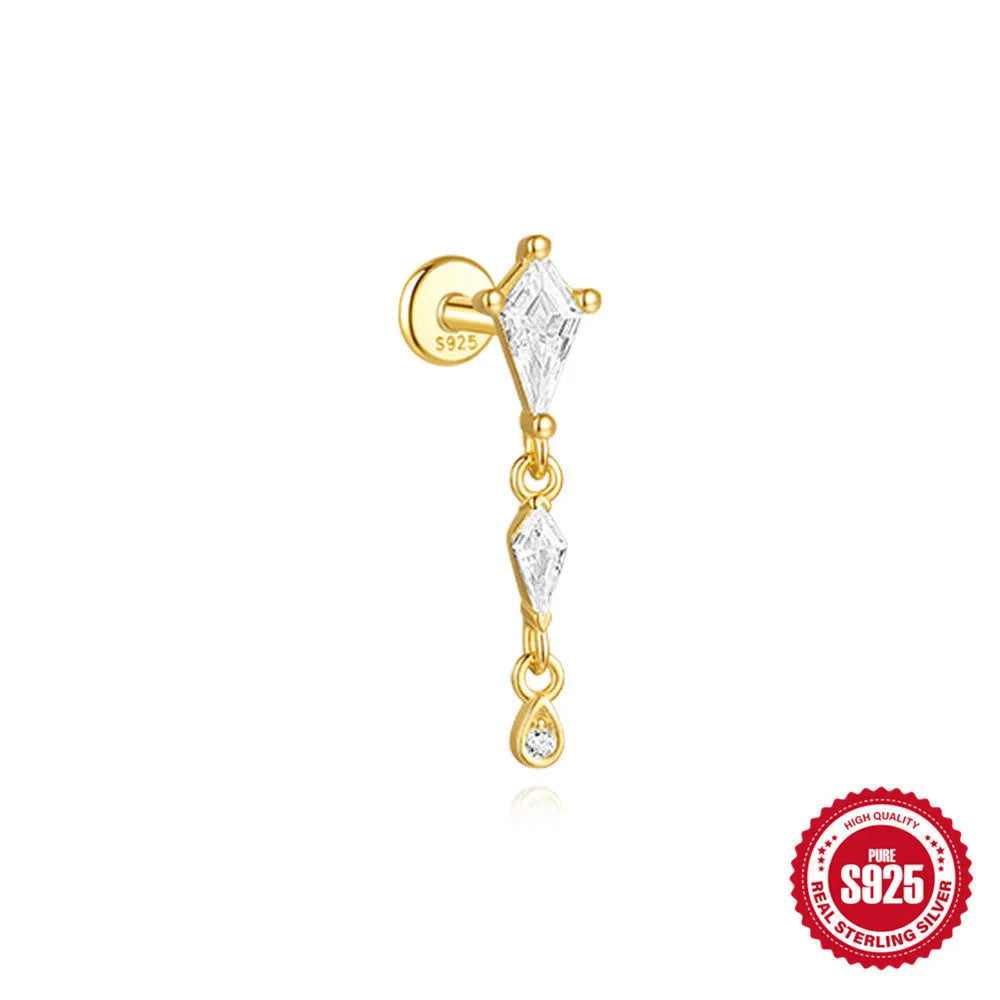 S925 sterling silver geometric kite earrings with rhinestone chain tassel in gold plating