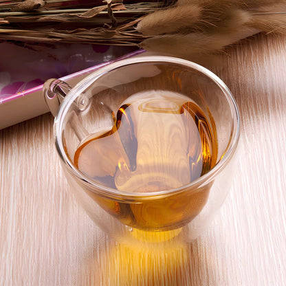 Heart-shaped glass coffee cup with handle, 180ml capacity, hand-blown finish