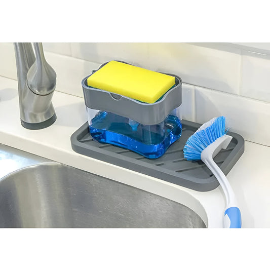 Grey plastic kitchen soap dispenser with pump mechanism on countertop