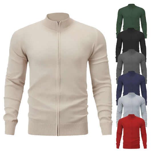 Casual zip-front cotton sweater with a stand collar shown in a solid colour.