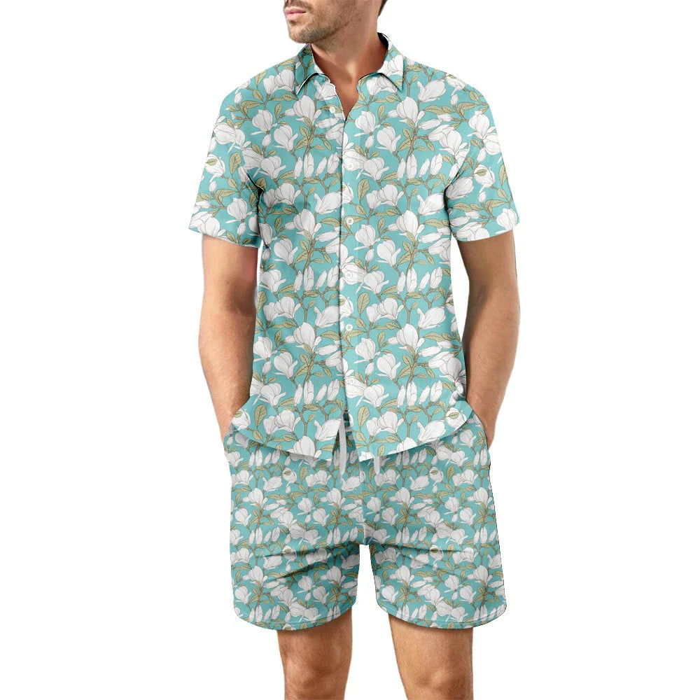 Stylish two-piece beach outfit with a relaxed button-up shirt and drawstring shorts in vibrant tropical prints
