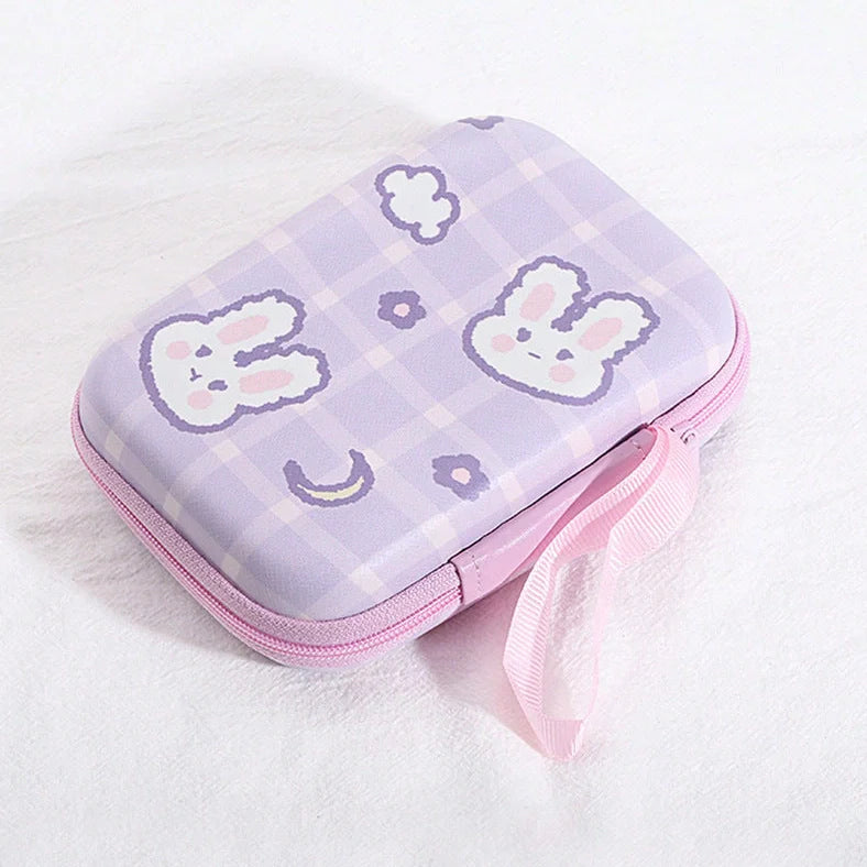 Square hard shell EVA cable storage bag with zipper, 11x8x4cm dimensions, showing Bunny Plaid design variant