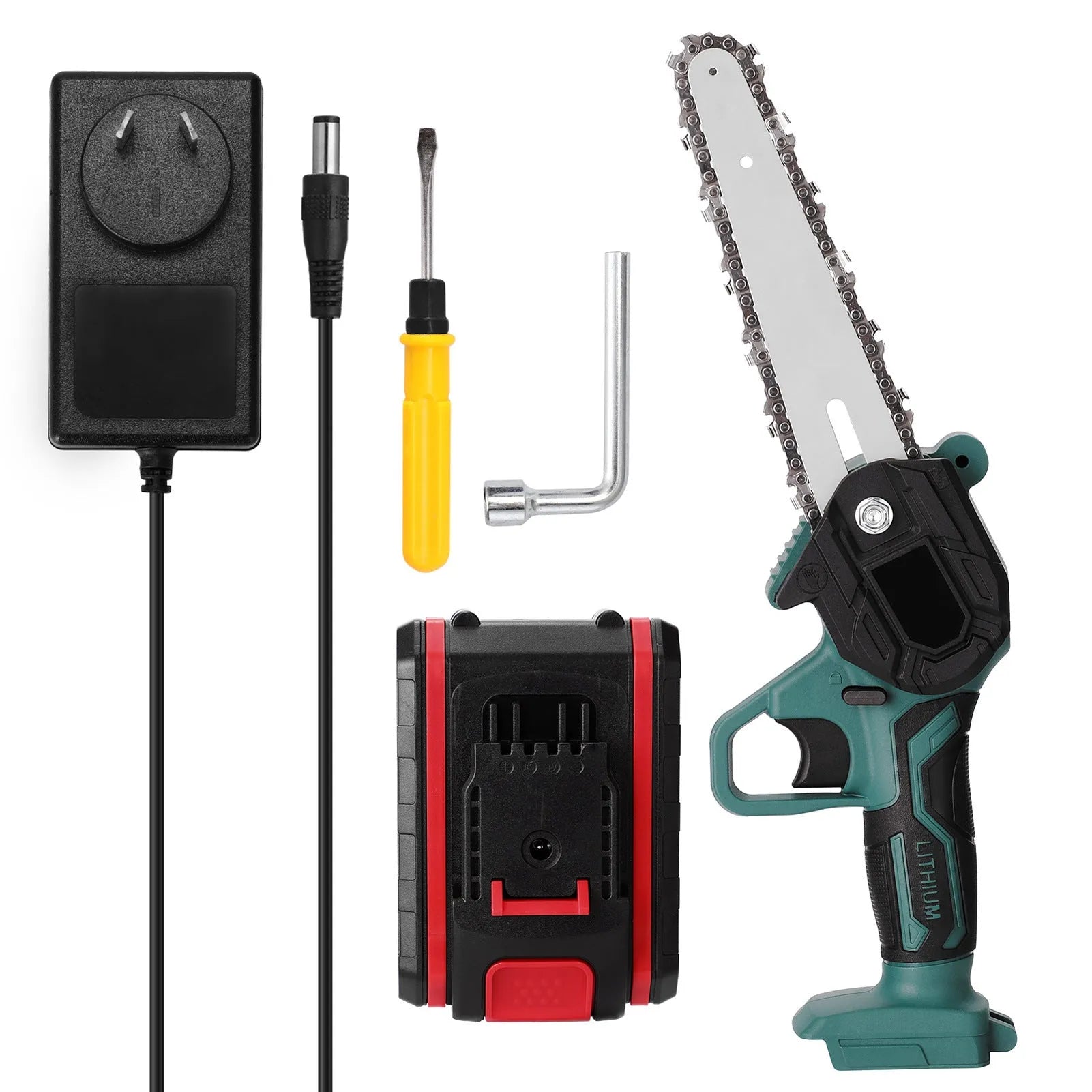 Black one-hand electric chainsaw with 4-inch cutting bar and lithium battery for garden log cutting