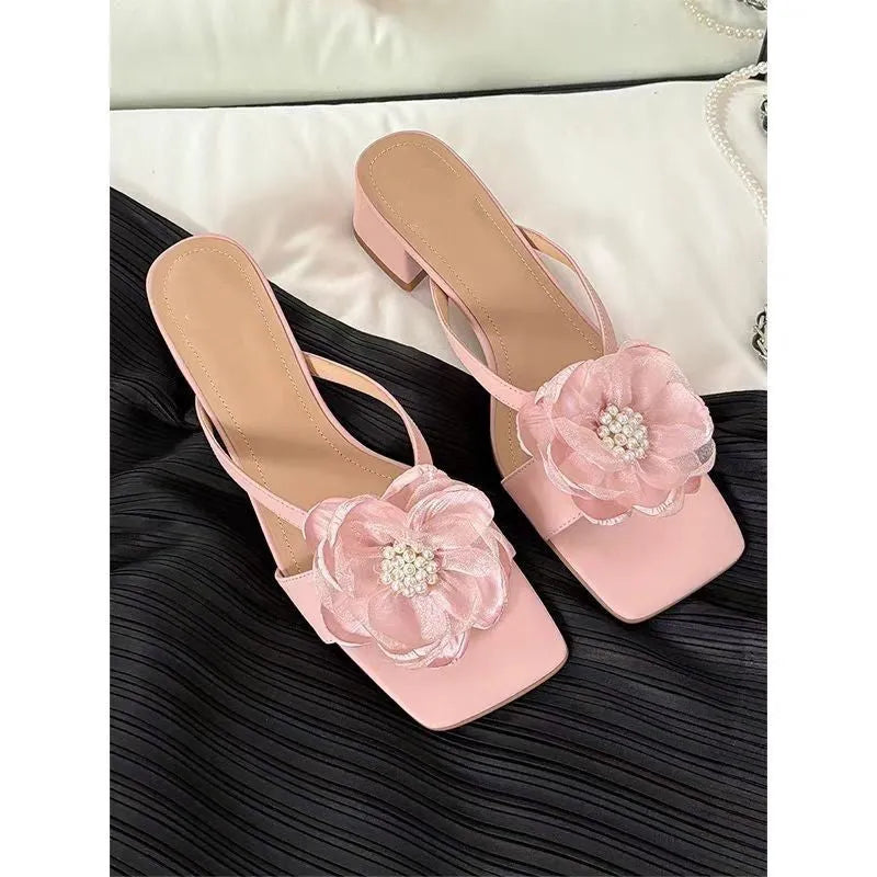 Women's chunky heel square toe sandals with satin upper in cream-white colour showing one-line strap design