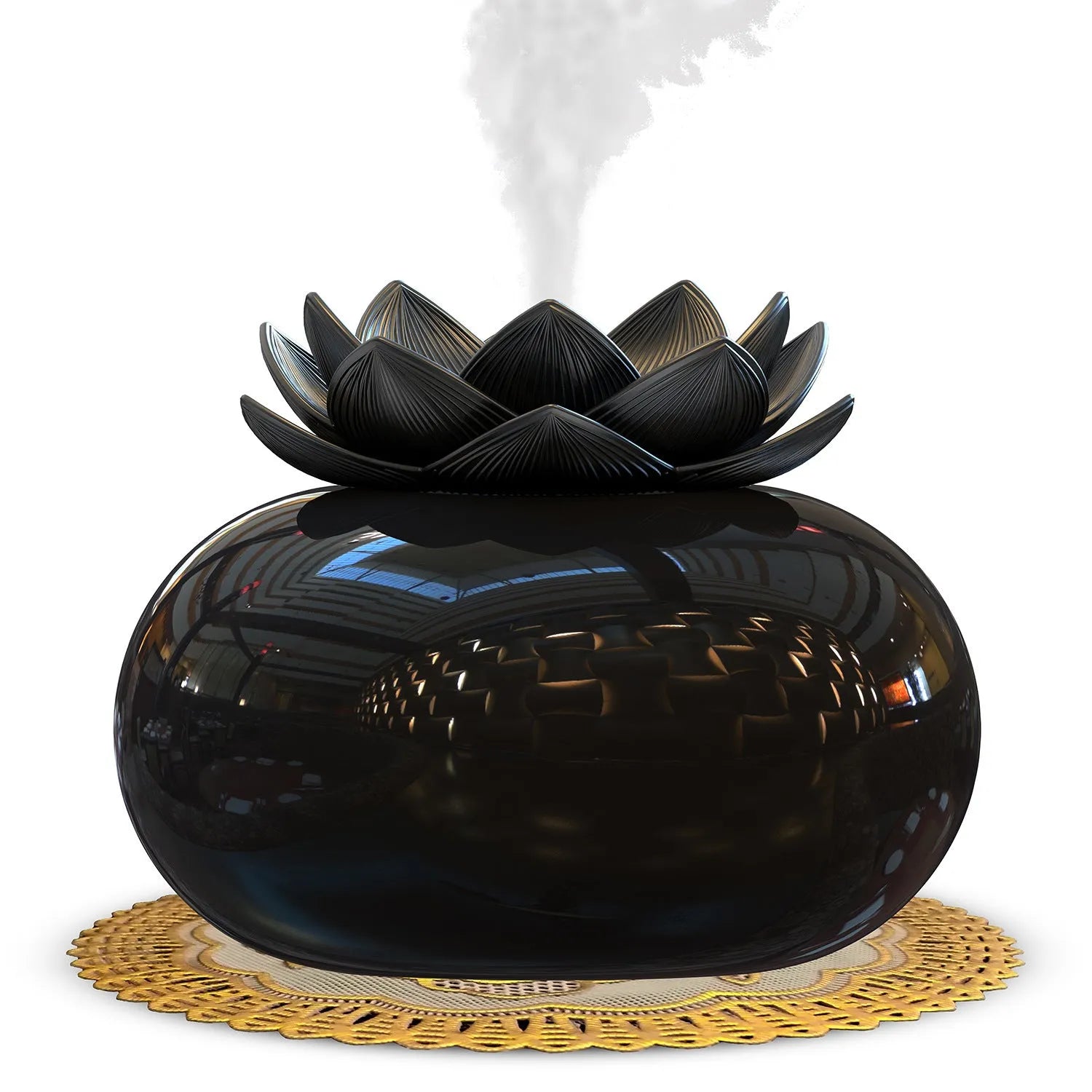 Round black Lotus ultrasonic humidifier with USB port and single mist outlet, ceramic construction