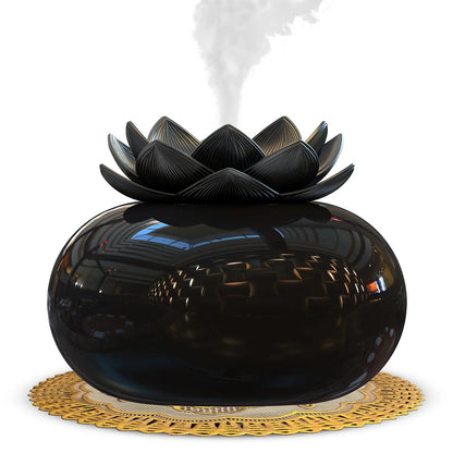 Round black Lotus ultrasonic humidifier with USB port and single mist outlet, ceramic construction