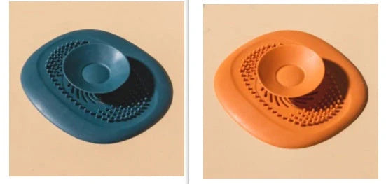 TPR vortex design sink drain cover in twilight orange, quiet blue, mango yellow, and gentian green