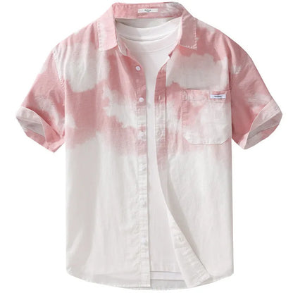 Men's light pink pure cotton short-sleeved shirt with loose cardigan styling on hanger
