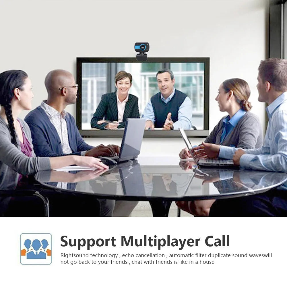 Blue, red, or white mini USB webcam on a stand with a 360-degree rotating head and manual focus adjustment.