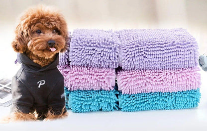 Plush and absorbent pet towels in various colors, designed to quickly dry and comfort dogs and cats after bath time
