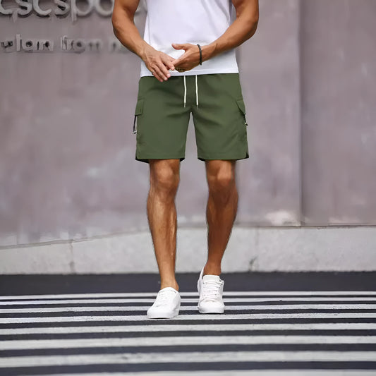 Men's loose straight leg workwear shorts in army green and fluorescent green colour options
