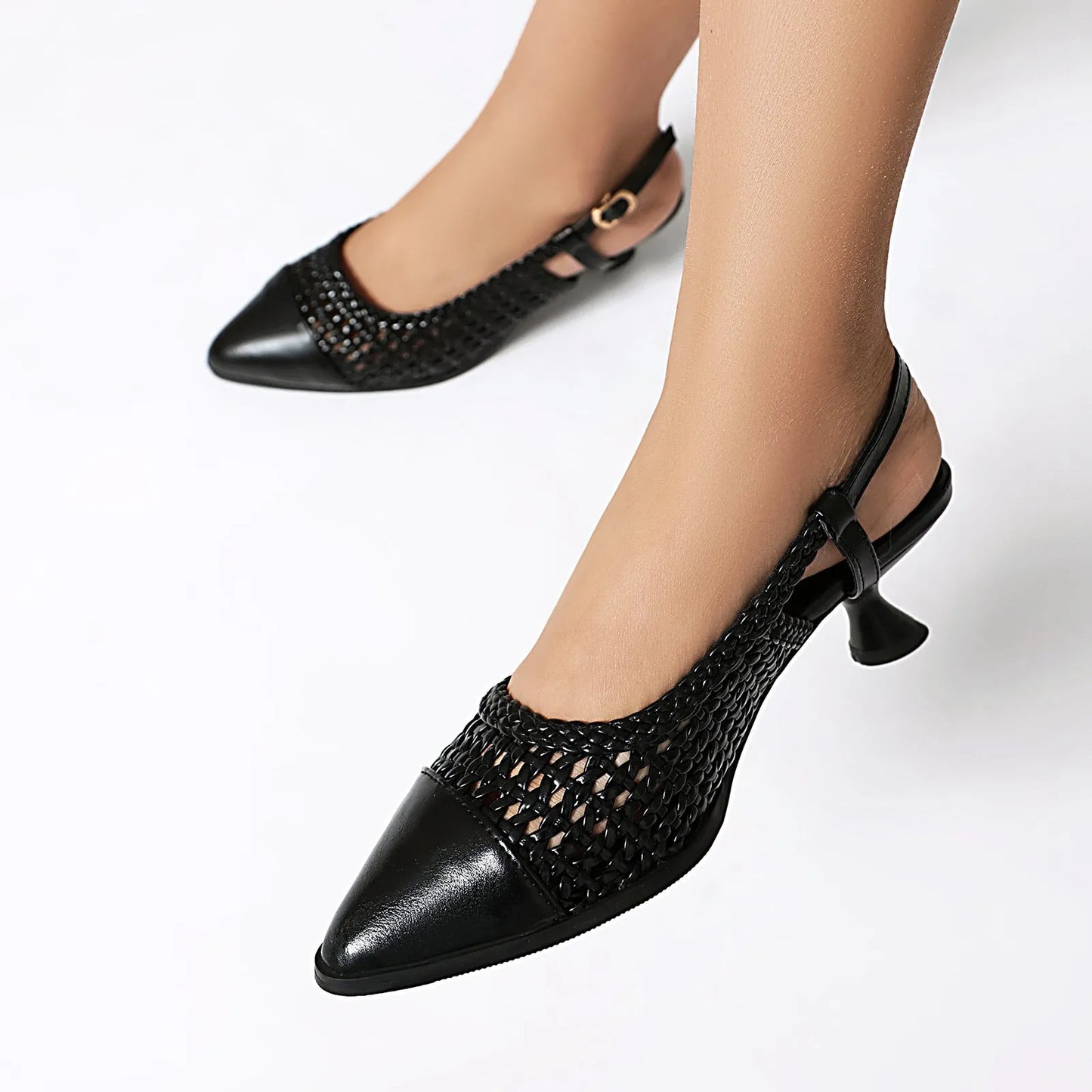 Gold women's professional sandals with a cat heel, pointed toe, and ankle buckle strap.