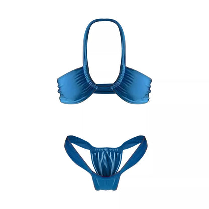 Women's Solid Color Split Bikini Swimsuit in navy blue, pink, and green