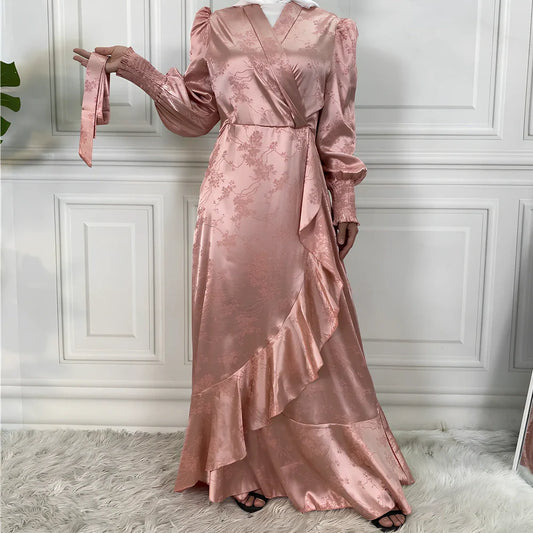 Women's patchwork Muslim dress with satin printing in green, black, pink, gold, or apricot colours