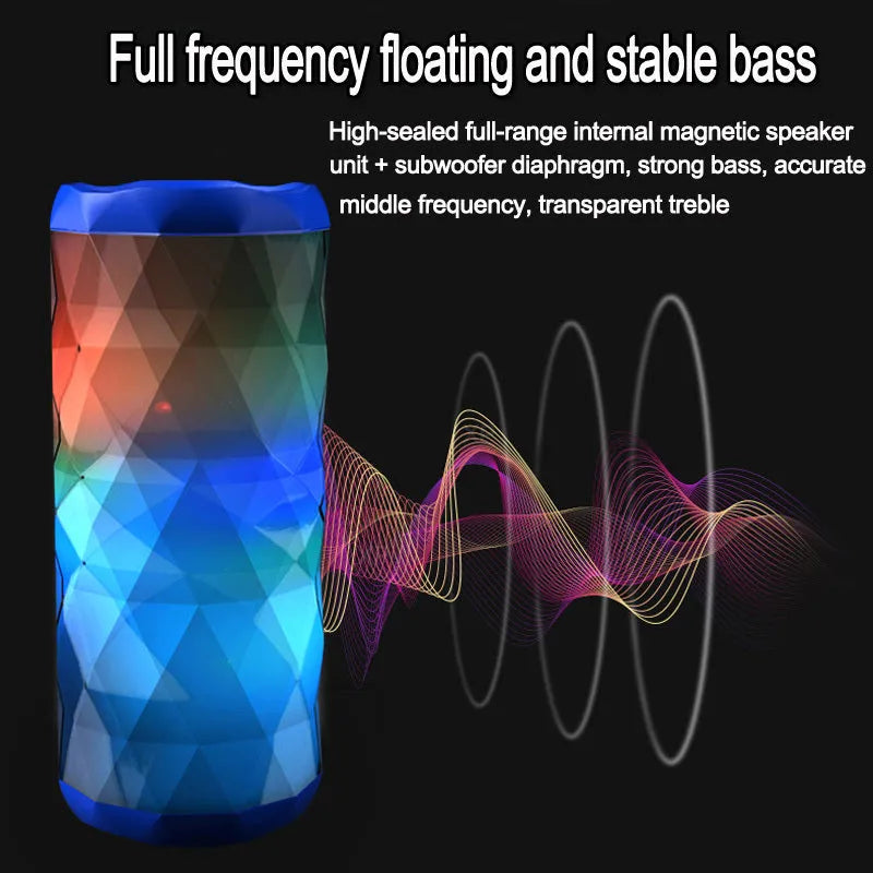 Portable Bluetooth speaker with dual 5W drivers, LED light, available in blue, green, grey and red.