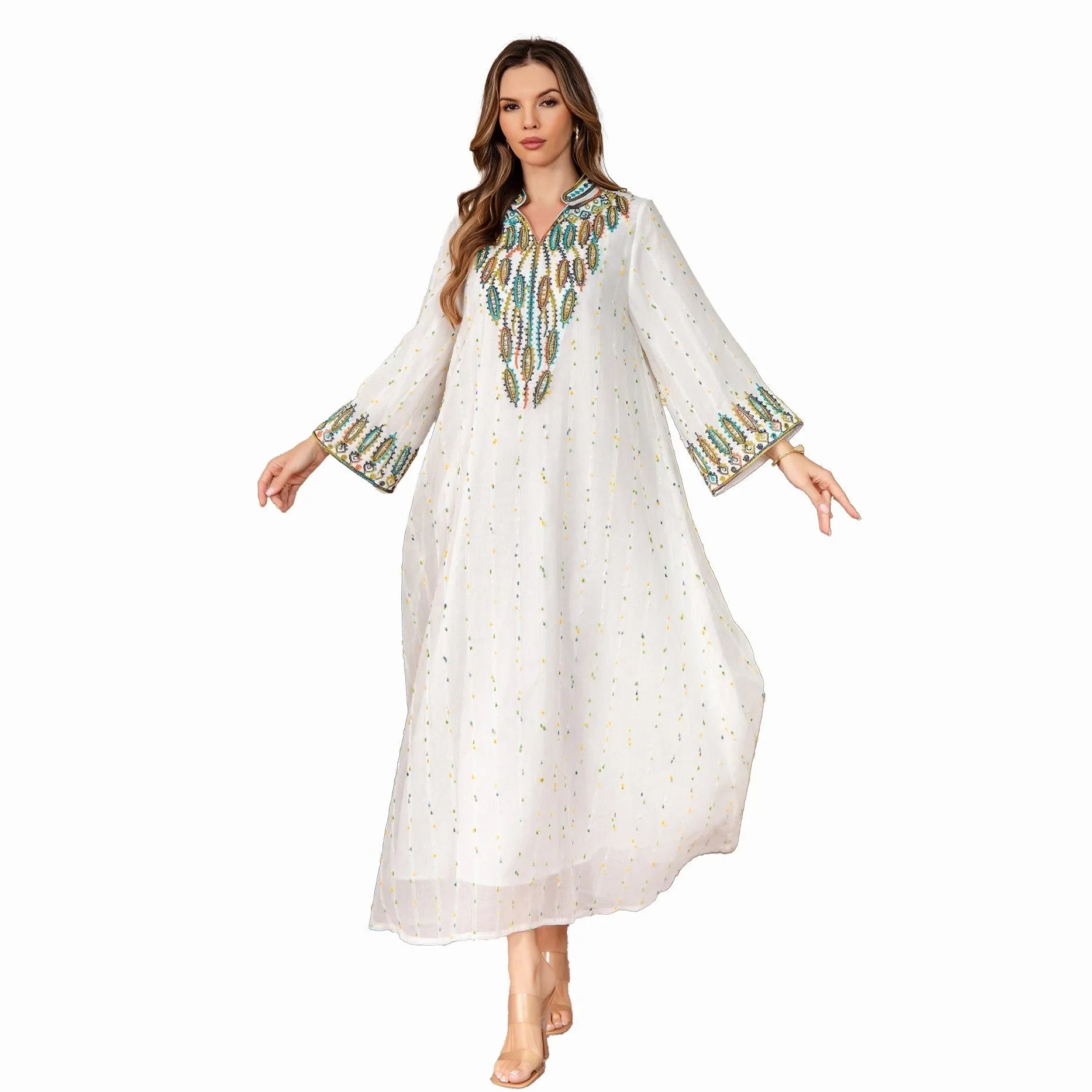 White polyester Arabic robe for women with long sleeves and full-length skirt
