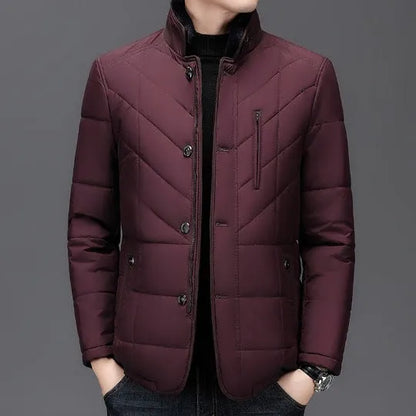 Men's solid colour winter short coat with side pockets in dark blue, dark green or wine red
