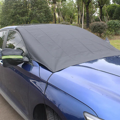 Car windshield snow cover 210x120cm black and silver waterproof polyester taffeta with reflective warning bar and four magnets