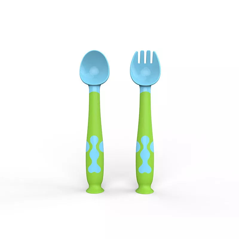 Adjustable baby spoon and fork set in blue, purple, pink, or yellow for easy self-feeding