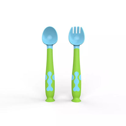 Adjustable baby spoon and fork set in blue, purple, pink, or yellow for easy self-feeding