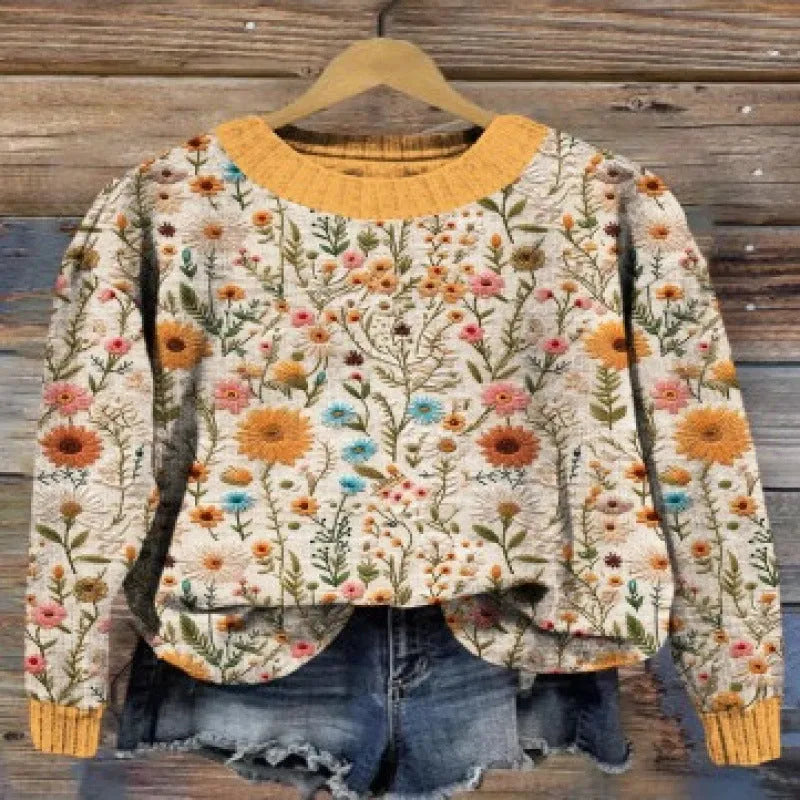 Round neck sweater with digital printed little flower pattern in various colours
